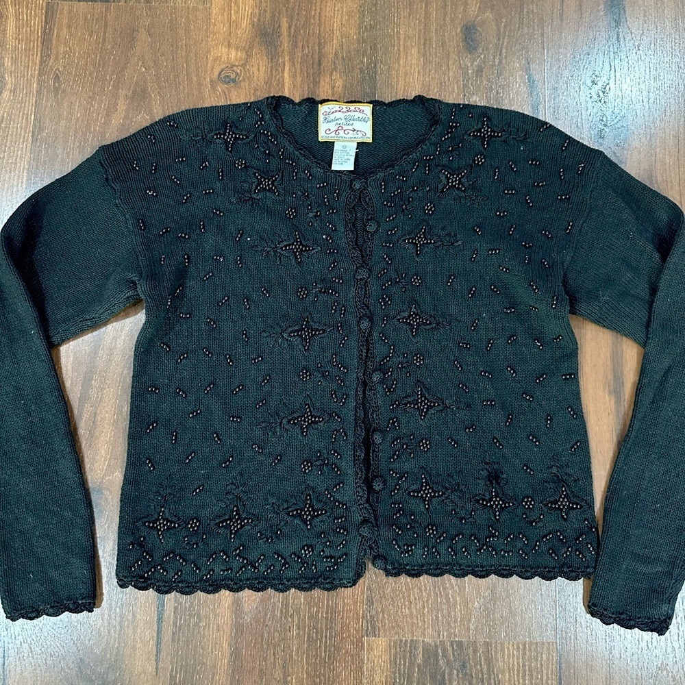 Vintage Heirloom Collectibles Beaded cardigan sweater black Petite Medium